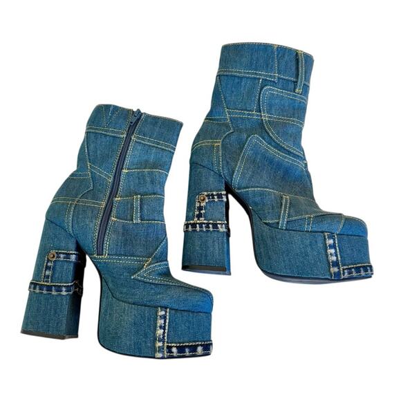 JEFFREY CAMPBELL Patchwork Denim Chunky Platform Cowgirl Rave Western Boots 38 - Picture 7 of 10